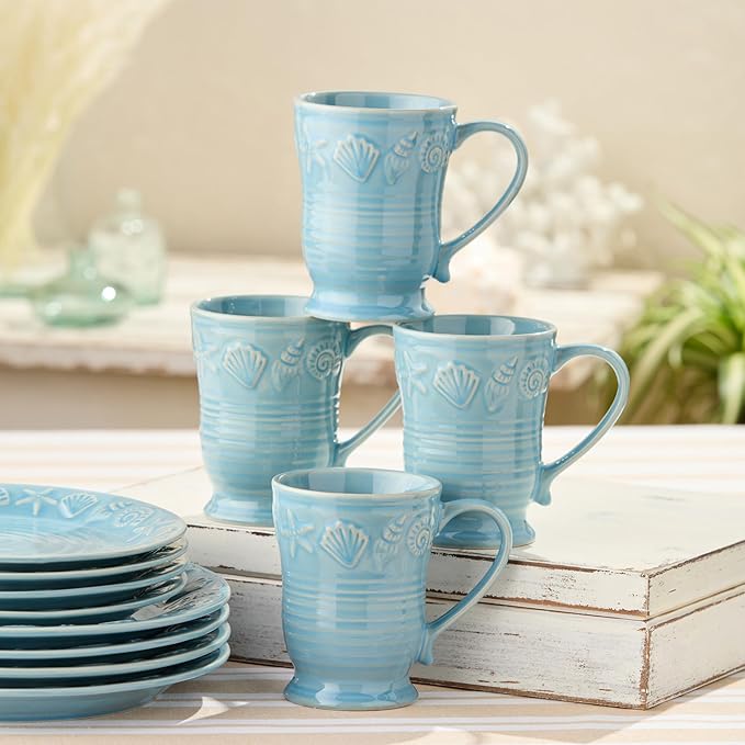 Coastline Blue 16-Piece Stoneware DINNERWARE SETSERVICE for 4with embossed coastal shells and starfish durable sea-blue tableware for relaxed coastal living everyday meals