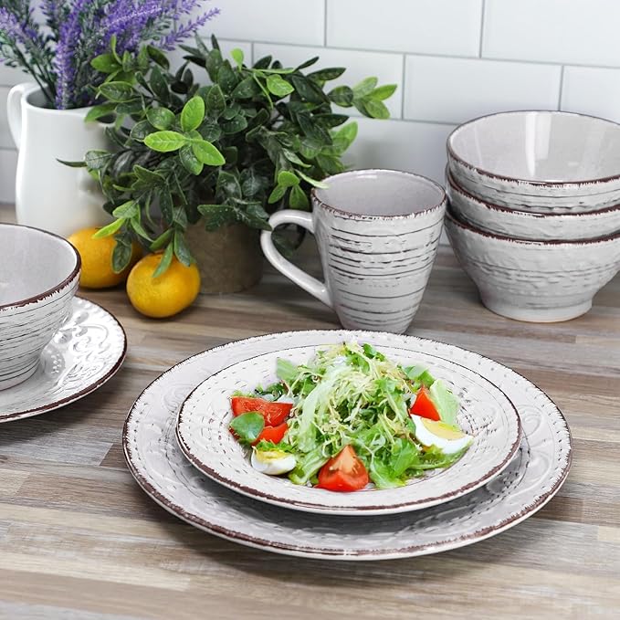 16-Piece Stoneware Dinnerware Set – Ocean Bloom Sea Glass Mica Calcite Jasper &amp Deep Ocean – Microwave Safe Dishwasher Safe Service for 4 with Reactive Glaze Finish (Light Gray)