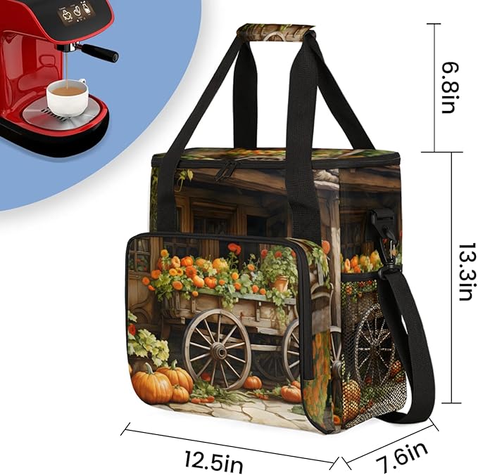 Farmhouse Pumpkin Coffee Maker Travel Bag for Keurig K-Mini/K-Mini Plus Insulated Waterproof Tote with Pockets for K-Cup Portable Single-Serve Brewer Case