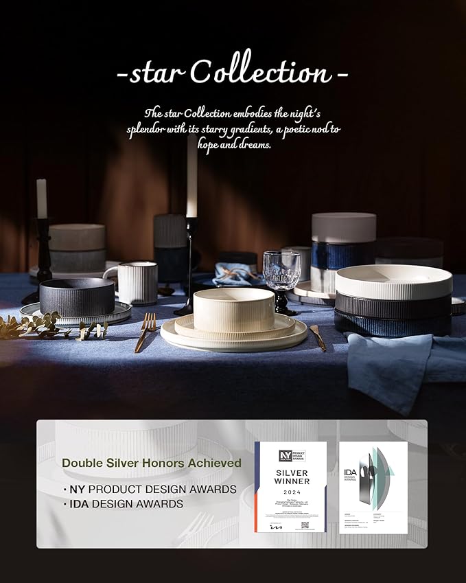 Famiware Star Dinnerware Set with Pasta Bowls Service for 4 (16pcs) Ribbed Stoneware Plates and Double Bowls Dishes Sets - Chip &amp Scratch Resistant Microwave &amp Dishwasher Safe Matte White
