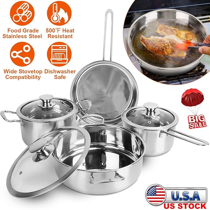 Stainless Steel Cookware Set with Induction Pots &amp Pans Dishwasher Safe Includes 2.7/3.7 Quart Stockpot