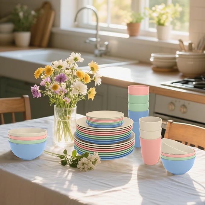 40 PCS Wheat Straw Dinnerware Sets | Service for 8 Unbreakable Plates and Bowls Sets - Dinner Plate Cereal Bowl Drinking Cups Dishwasher &amp Microwave Safe for Kitchen CampingRV - Colorful