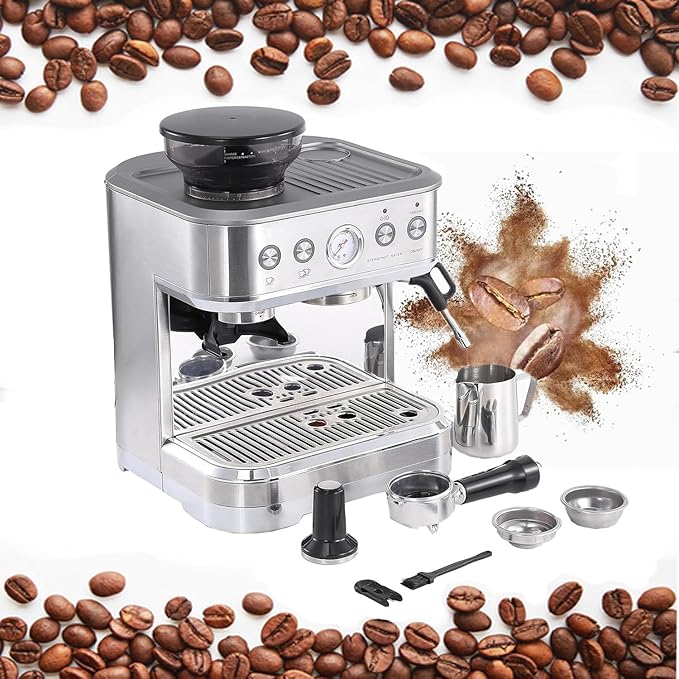 Fully Automatic Espresso Coffee Machines with Milk Frother and Grinder 15 Bar Espresso Machines 1350W 2.5L Removable Water Tank 2 Cup Filters 6 Coffee Varieties Stainless Steel for Home and Office