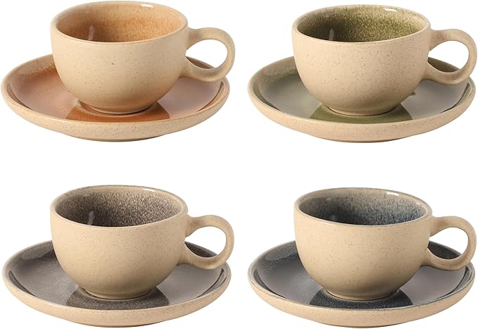 Gibson Elite Manila Bay 8-Piece Stoneware 5 oz Cup and Saucer Set Reactive Glaze Espresso &amp Coffee Cups with Saucers Assorted Colors