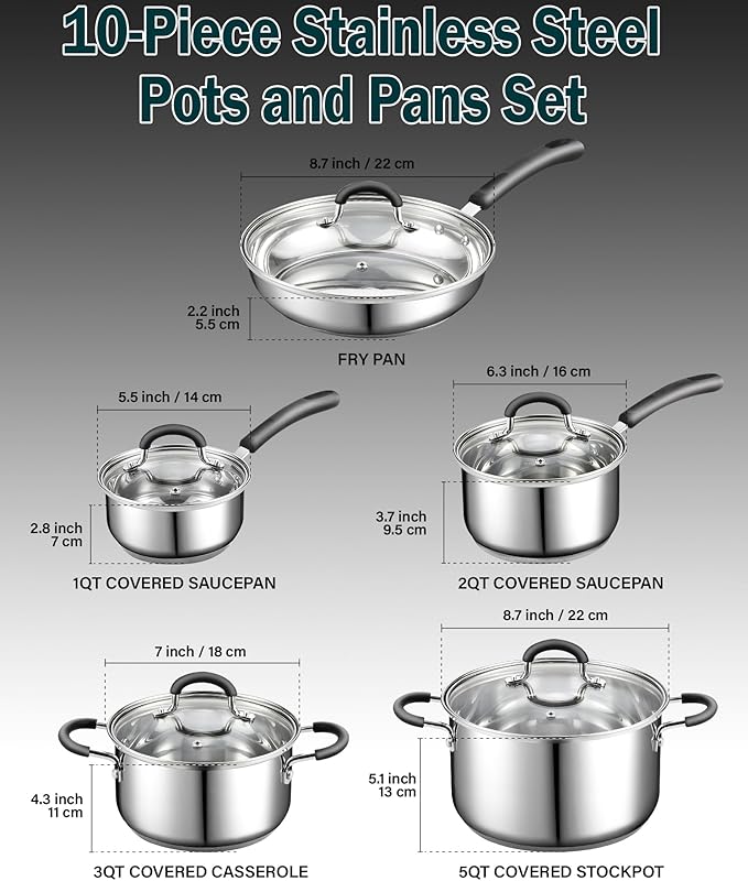Cook N Home Stainless Steel Cookware Sets 10-Piece Pots and Pans Kitchen Cooking Set with Stay-Cool Handles Dishwasher Safe Silver
