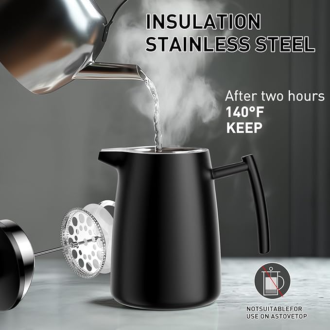 Secura 50oz French Press Coffee Maker – 304 Stainless Steel Insulated Coffee Press with Extra Filter Black