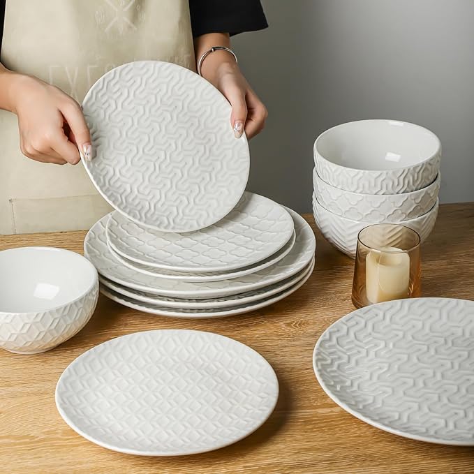 Sureasy Ceramic Dinnerware Sets for 6 18 Pieces Stoneware Plates and Bowls Sets Embossed Scratch Resistant Dinner Set Dishwasher&ampMicrowave Safe White