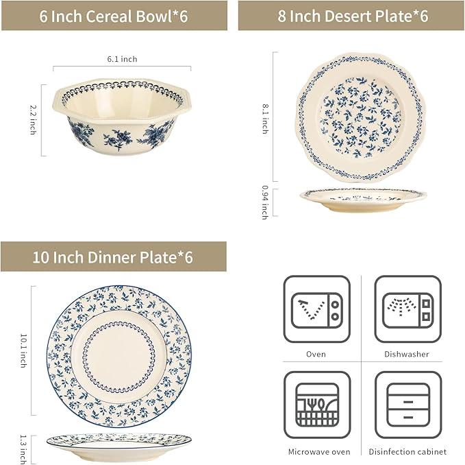 Dinnerware Set Blue Manor 18-Piece Ceramic Dishware Set Underglaze Floral Pattern Premium Porcelain Dish Set for 6 Includes Plates &amp Bowls Dishwasher Safe