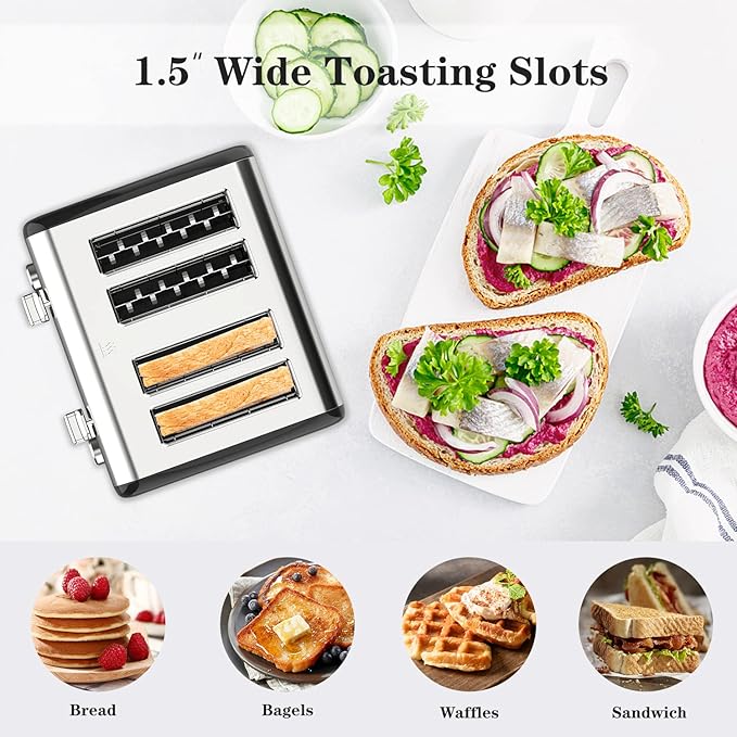 Toaster 4 Slice KitchMix Bagel Stainless Toaster with LCD Timer Extra Wide Slots Dual Screen Removal Crumb Tray (Black)