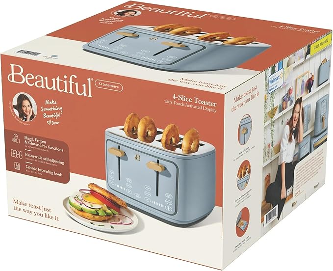 4 Slot Toaster with Touch Control Panel 1800W Fast Heating 7 Toast Shade Levels Extra Wide Slots for Bagels Removable Crumb Tray (Cornflower Blue)