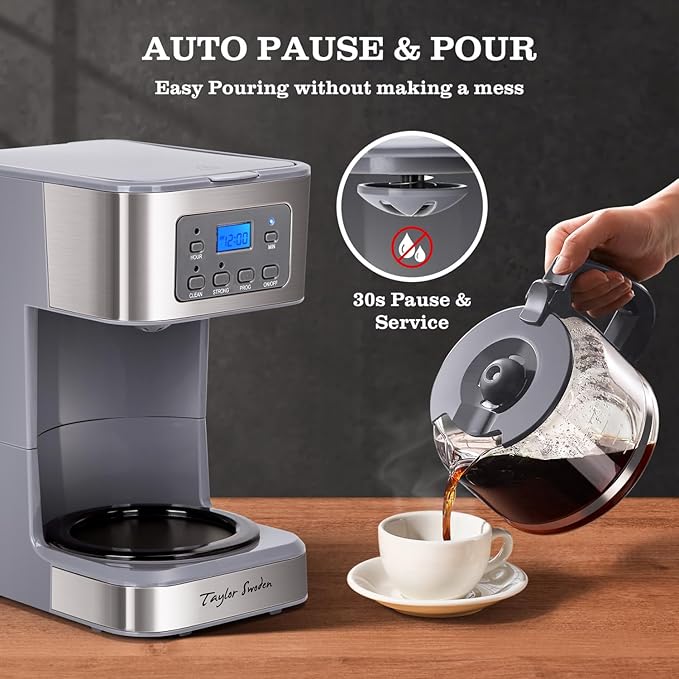 Taylor Swoden 12-Cup Programmable Coffee Maker Regular &amp Strong Brew Drip Coffee Machine for Home and Office Glass Carafe Pause &amp Serve Auto Shut Off Gray &amp Stainless Steel