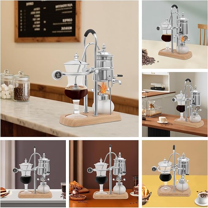 Siphon Coffee Maker Manual Extract Coffee &amp Brew Tea Tool Belgian/Belgium Coffee Brewer w/ Alcohol Burner Commercial/Domestic Balance Vacuum Coffee Pot w/ Rotating Faucet 9.25*4.72*14.96in Sil