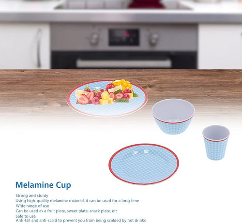 12Pcs Household Light Blue Grid Dinnerware Set Melamine Material for Home Kitchen Restaurant Family Use