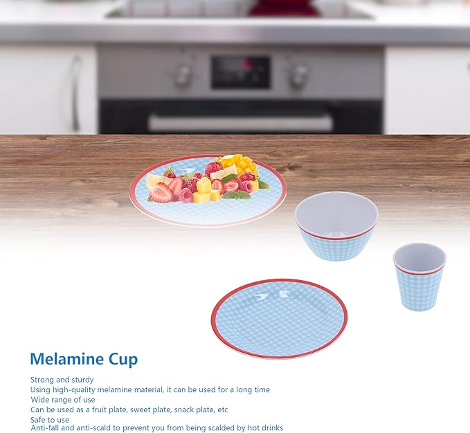 Blue Grid Dinnerware Set 12Pcs Melamine Tableware Set Durable and Anti Scald Cup Bowl Plate for Home Kitchen Restaurant Lightweight Elegant Grid Design with 260ml Cup 500ml Bowl