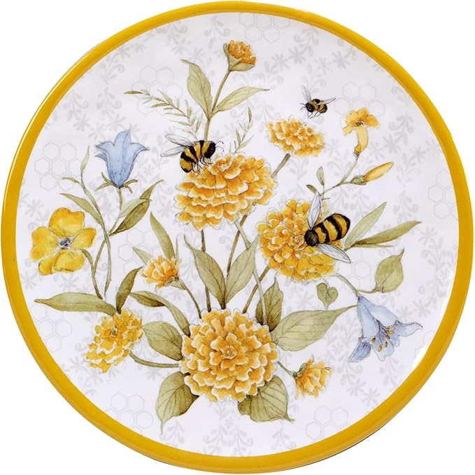 Certified International Bee Sweet 12-Piece Melamine Dinnerware Set Service for 4 Bee &amp Floral Plates and Bowls Durable Shatterproof Outdoor Tableware for Spring &amp Summer Entertaining