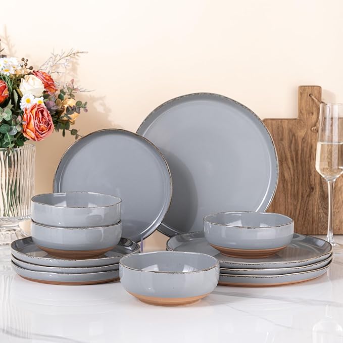 AmorArc Ceramic Dinnerware Sets for 4 12 Pieces Handpainted Plates and Bowls Set with Rustic Terracotta Underside Scratch Resistant Stoneware Dishes Set Dishwasher &amp Microwave Safe