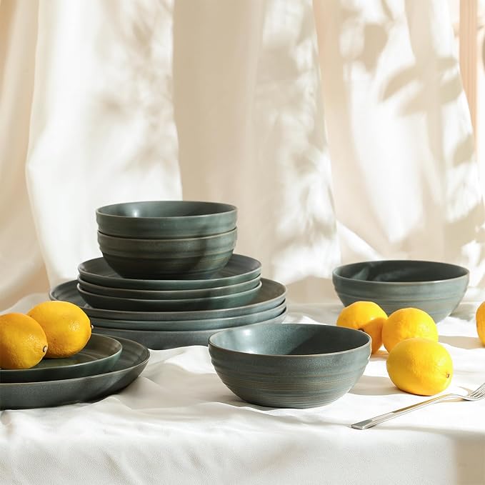 Stone Lain Elio 12-Piece Dinnerware Set Stoneware Plates and Bowls Set Dish Set for 4 Green