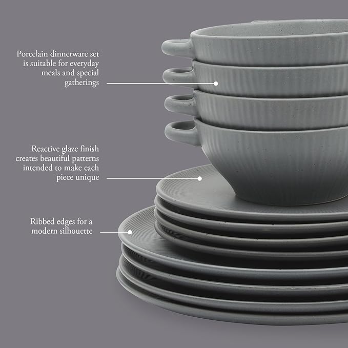 Gibson Elite Clover Hill 12-Piece Stoneware Dinnerware Set – Dark Blue Embossed Plates and Bowls with Matte Speckled Reactive Glaze Service for 4 – Microwave &amp Dishwasher Safe