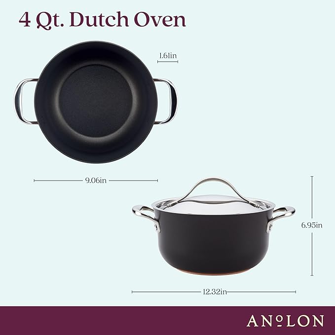 Anolon 83878 Nouvelle Copper Luxe Hard Anodized Nonstick Dutch Oven/Stockpot/Saucepan with Stainless Steel Lid/Induction Suitable/Dishwasher Safe - 4 Quart Onyx Black
