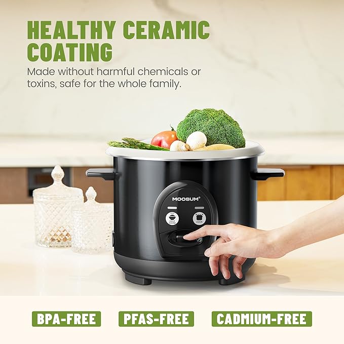 3-Cup Uncooked Rice Cooker Small - Ceramic Coating Non-Toxic Inner Pot One-Touch Multifunction for Rice/Sauté/Yogurt Dishwasher Safe 1-3 People Size Dark
