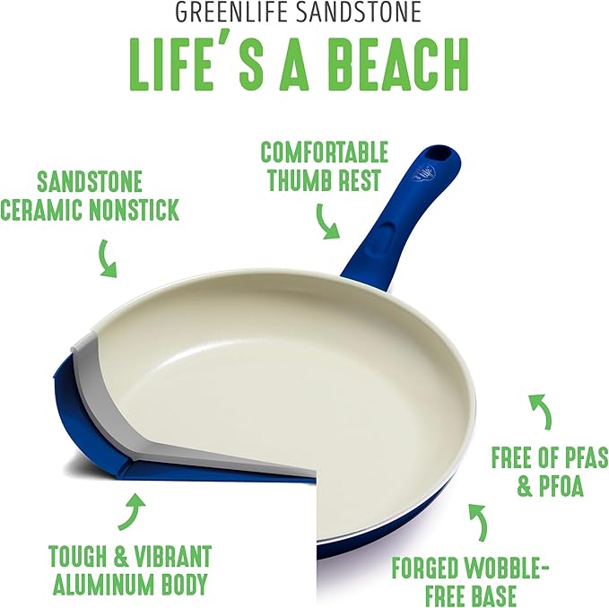 GreenLife Sandstone Healthy Ceramic Nonstick 15 Piece Kitchen Cookware Pots and Frying Sauce Pans Set PFAS- Free Dishwasher Safe Blue