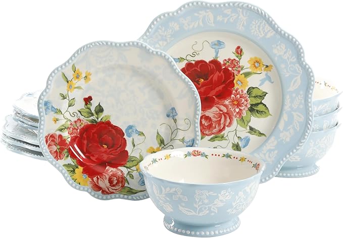 12-Piece Stoneware Dinnerware Set Service for 4 Floral Design with Scalloped Rim Dishwasher &amp Microwave Safe