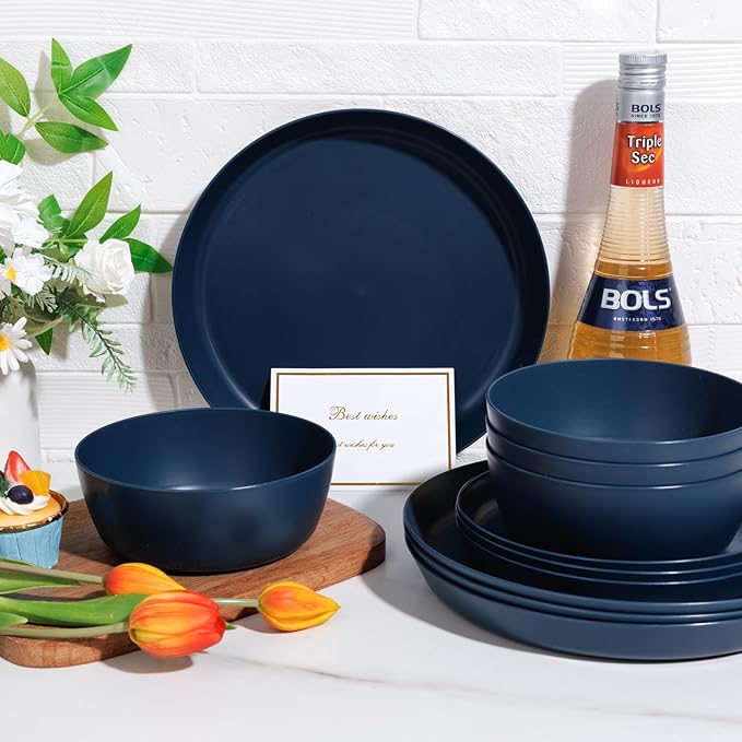 EI 12pcs Dark Blue Wheat Straw Dinnerware SetWheat Straw PlatesPlastic Plates ReusablePlate and Bowls SetsUnbreakable Plastic Plate for Dinner CampingPicnic