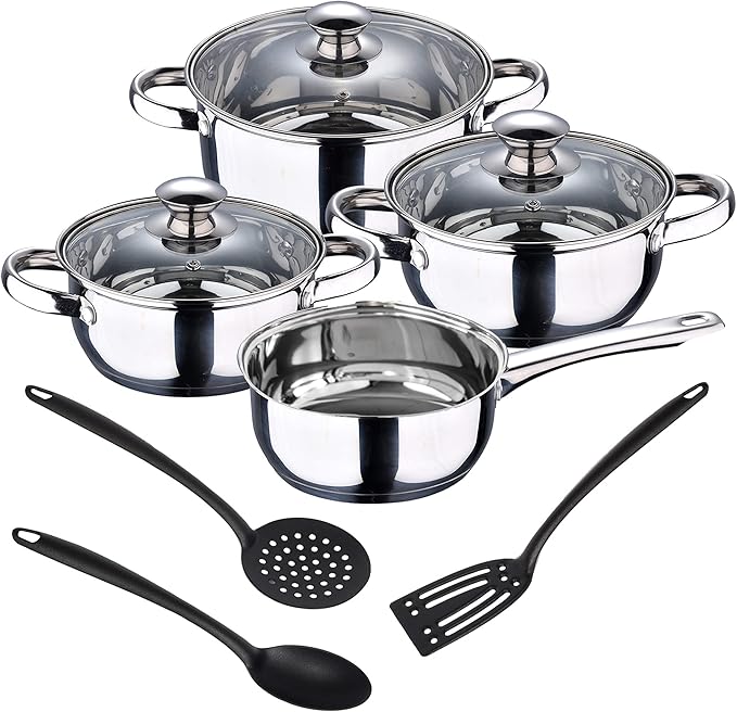 San Ignacio 7-Piece Cookware Set in Stainless Steel + Set of 3 Kitchen Utensils in Nylon