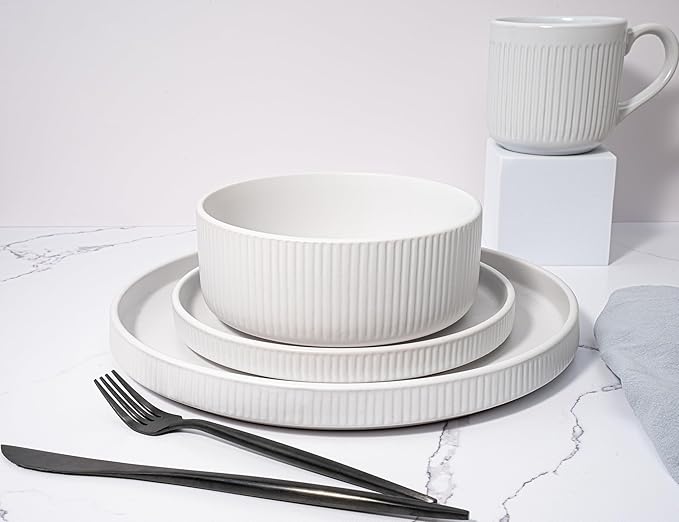 16 Piece Dinnerware Set Key West - Plates Bowls and Mugs Set for 4 - Chip and Scratch Resistant Microwave and Dishwasher Safe Tableware 16 Pieces Ribbed Dishes