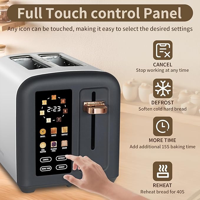 SEEDEEM Toaster 2 Slice Full Touch Control Stainless Toaster LCD Display 50% Faster Heating Speed 6 Bread Type 7 Shade Setting 1.5''Wide Slots Removable Crumb Tray 1350W Dark Chocolate
