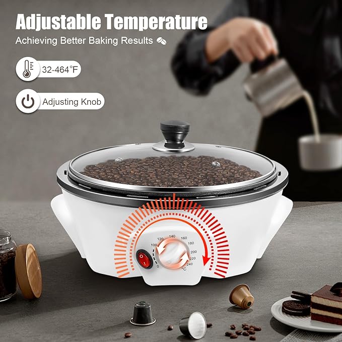 1.1lb Coffee Bean Roaster Adjustable Temperature Baking Machine (32-464℉) Even Heating Honeycomb Pot Roaster Electric Peanut Bean Drying Machine for Home Commercial 110V 800W