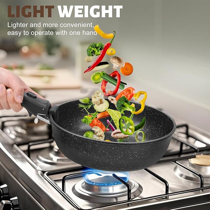 Numola 10 pcs Pots and Pan Set Non Stick with Detachable Handle Ceramic Cookware Set for Stackable Induction Kitchen Cookware Set for RV Dishwasher ＆ Oven Safe Black