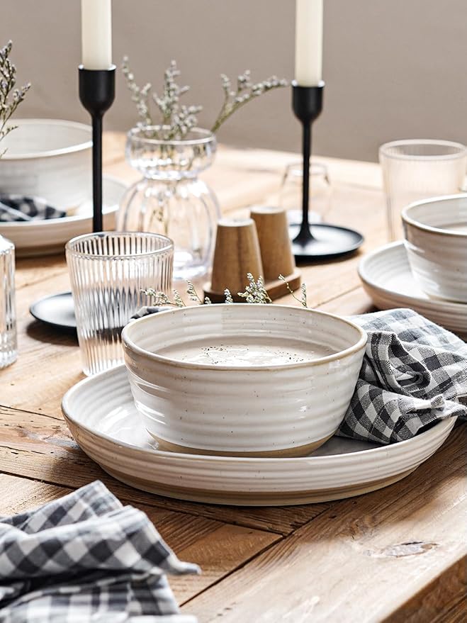 LE TAUCI Dinnerware Sets 16 PCS Stoneware Plates and Bowls Set House Warming Wedding Present Serve for 4 (10 Dinner Plates + 8 Salad Dish + 28 oz Cereal Bowl+12oz coffee mugs) x 4 Arctic White