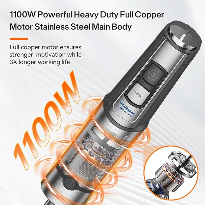 Anybear Immersion Blender 1100W 2-in-1 Hand Held Blender with Full Copper Motor &amp Stainless Steel Body 15 Speed &amp Turbo Mode Hand Mixer Blade with Anti-scratch Coating (Gray)