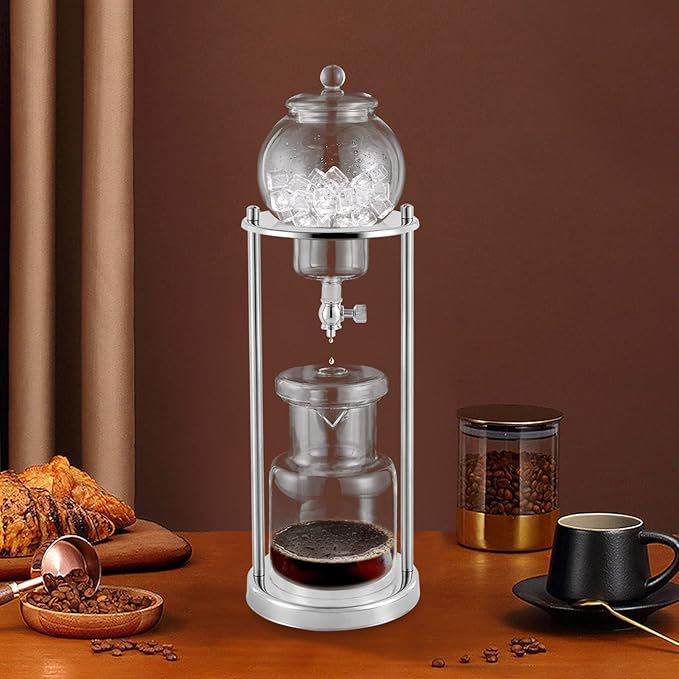 Glass Iced Coffee Cold Brew Drip Tower Coffee Filter Drip Tower 600ml/20.29oz Coffee Maker With Slow Drip Technology and with Glass Container Stand Makes 6-8 Cups (Silver)