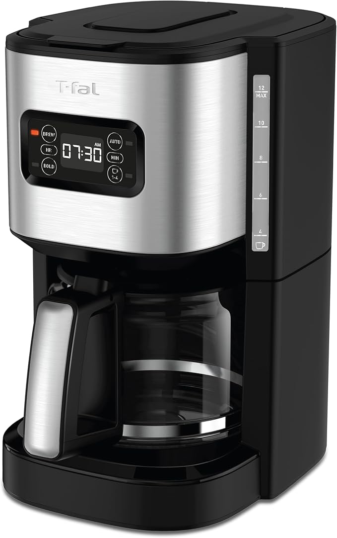 T-fal Element Plastic and Stainless Steel Drip Coffee Machine 12 Cup Programmable Reusable filter Pause and Brew Glass Carafe 1000 watts Coffer Maker Filter machine Cold Brew Black
