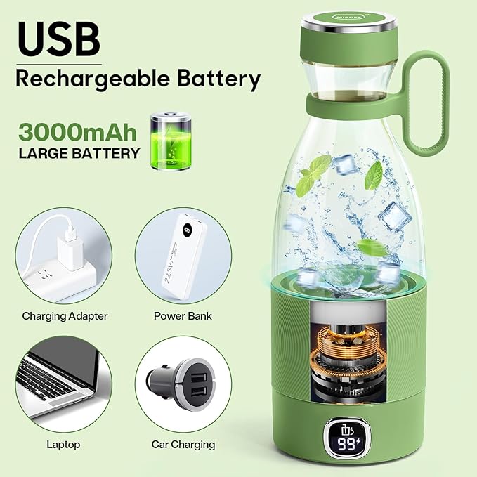 MIAOKE Portable Blender 6 Blades Juicer Cup for Juice Shakes and Smoothies 350ml Mini Blender with Led Display Usb Rechargeable3000Mah Rechargeable Battery for Home Outdoors Travel-Avocado Green