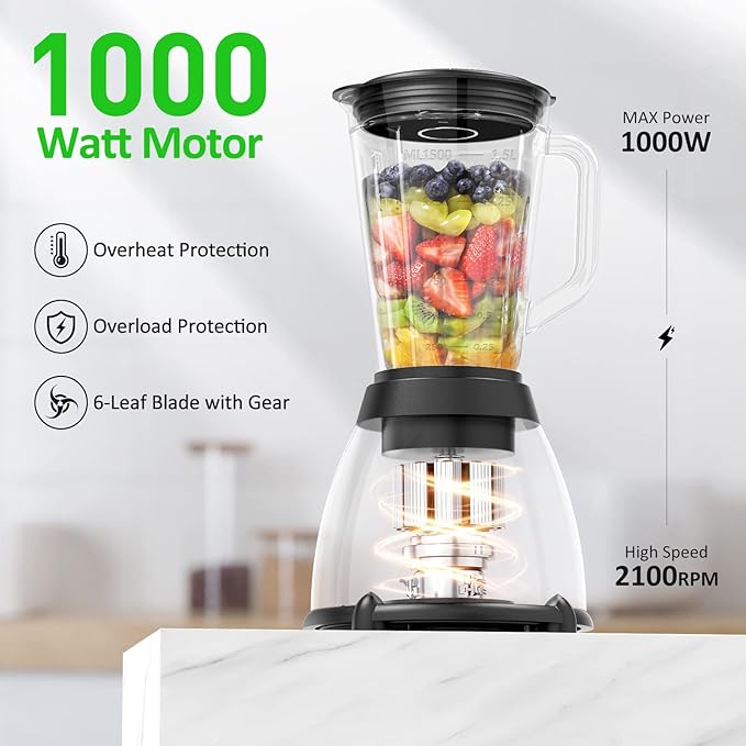 Smoothie Blender 1000W Professional Countertop Blenders with 48oz Glass Jar for Kitchen Shakes Ice Crusher Frozen Fruit