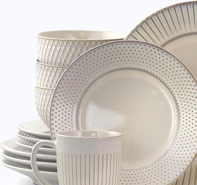 Unknown1 Marketplace Dinnerware Set in Embossed White Beige Solid Casual Round Stoneware 16 Piece Microwave Safe Brown Medium