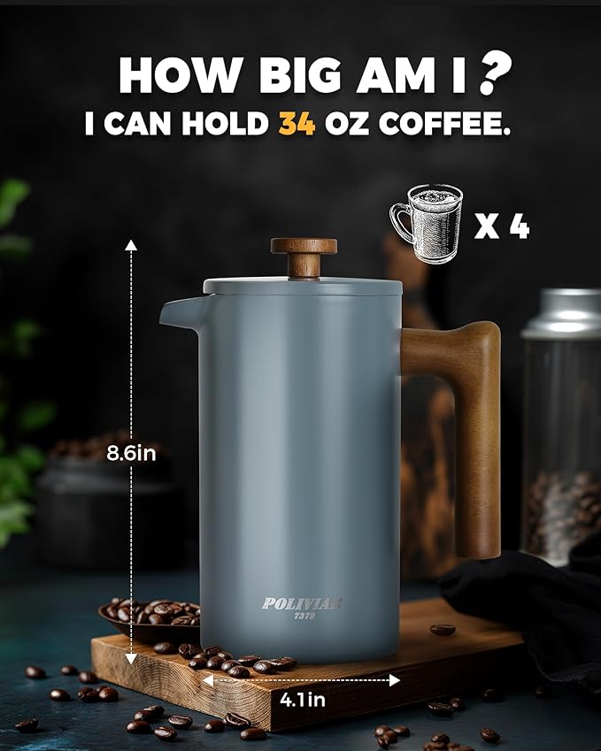 POLIVIAR French Press Coffee Maker 34 oz Coffee Press with Real Wood Handle Double Wall Insulation &amp Dual-Filter Screen Food Grade Stainless Steel for Good Coffee and Tea (Alpline)