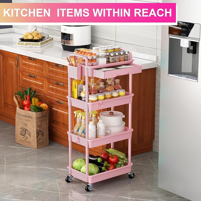 Goovilla 4 Tier Rolling Utility Cart Organizer with Removable Drawer Stable and Sturdy Pink Rolling Storage Carts with 2 Lockable Wheels for Bathroom Kitchen Snack Craft Makeup Baby Essentials
