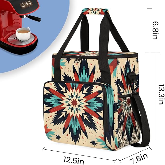Traditional Aztec Coffee Maker Carrying Bag Geometry Flower Travel Storage Bag Compatible with K-Mini or K-Mini Plus Single Serve Coffee Brewer Carrying Case with Multiple Pockets &amp Shoulder Str