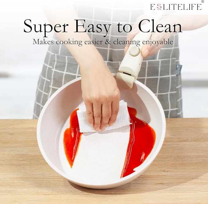 ESLITE LIFE Nonstick Cookware Sets with Detachable HandleCeramic Coating Pots and Pans Set Kitchen Cooking Set Compatible with All Stovetops PTFE &amp PFOA Free White 10 Pcs Set