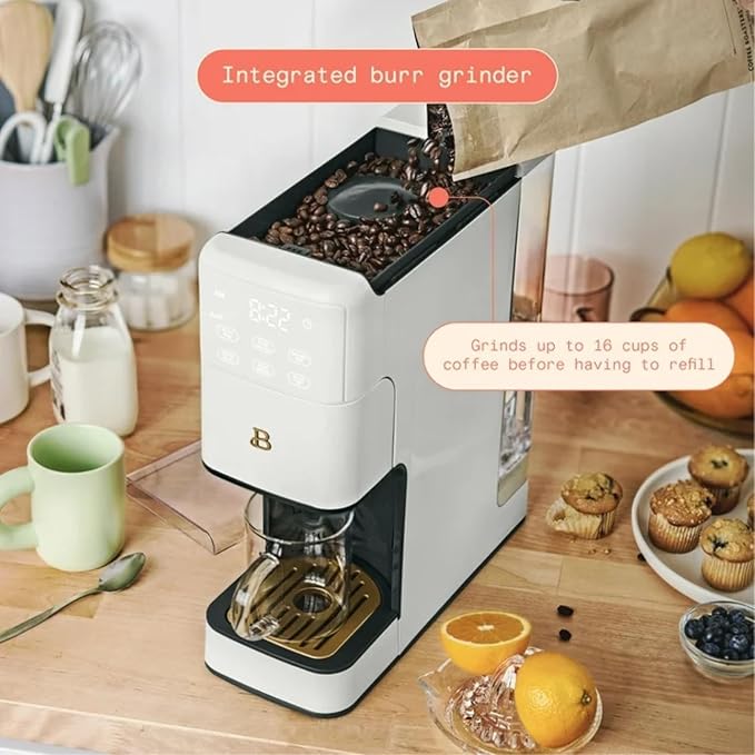 B - Perfect Grind Programmable Single-Serve Coffee Maker with Built-In Grinder Fresh Ground Brewing Touch Controls Reusable Filter Compact Countertop Design