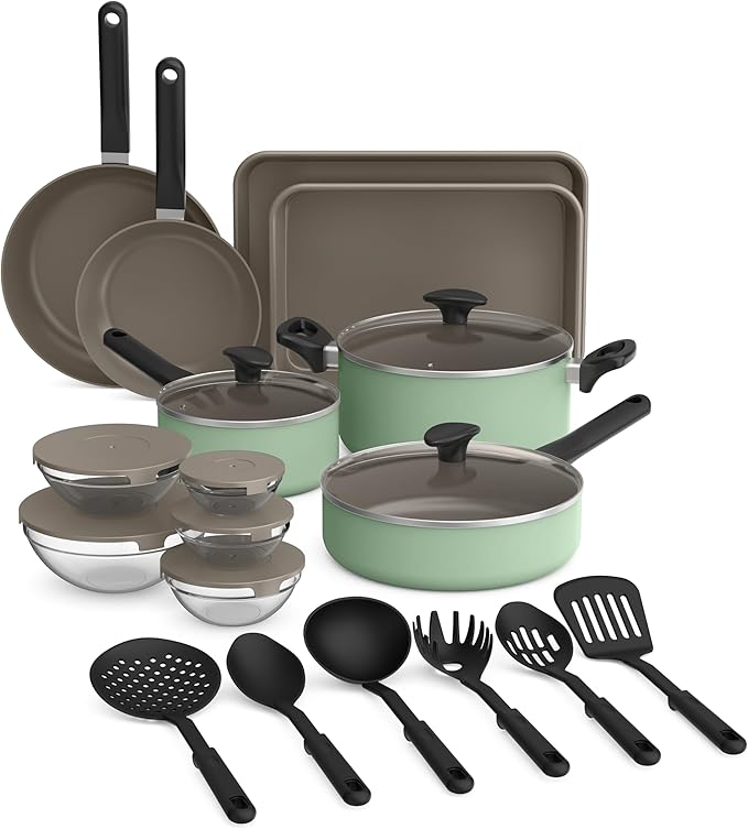 bella 21 Piece Kitchen Set with EverGood™ Ceramic Nonstick Coating Dishwasher &amp Oven Safe All Stovetops Compatible Tempered Glass Lids &amp Cool Touch Handles Seaglass