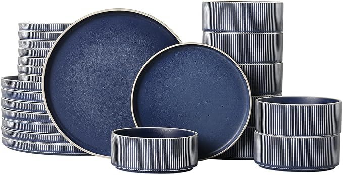 Dinnerware Set Service for 8 24-Piece Ceramic Plates and Bowls Set Chip &amp Scratch Resistant Microwave and Dishwasher Safe Modern Minimalist Tableware for Everyday Use Matte Blue