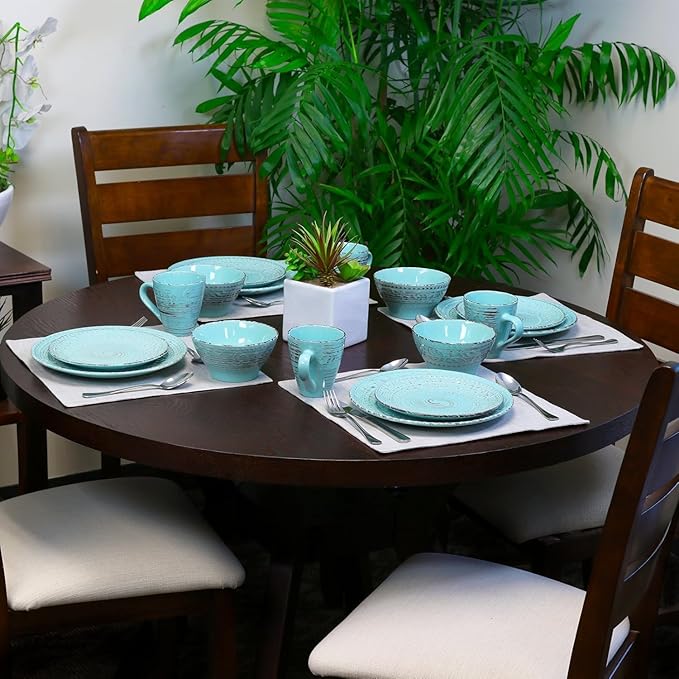 16-Piece Stoneware Dinnerware Set – Malibu Waves in Turquoise or Malibu Sands in Shell Service for 4 (Turquoise)