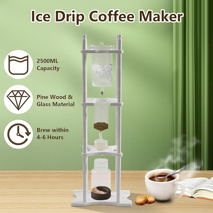 Ice Drip Coffee Maker 2500ml Cold Brew Coffee Tower Slow Drip Japanese Cold Brew Maker Drip Ice Coffee Tower Glass Dutch Coffee Dripper with Wood Straight Frame (White)