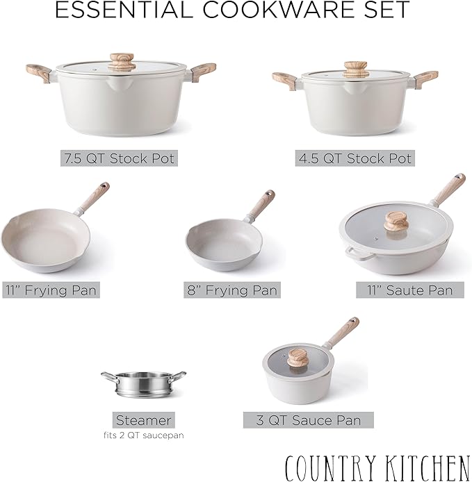 Country Kitchen Non-Stick Cast Aluminum Cookware Set - Durable Kitchen Cookware for Everyday Cooking Cream Round Handle 11 Pc.