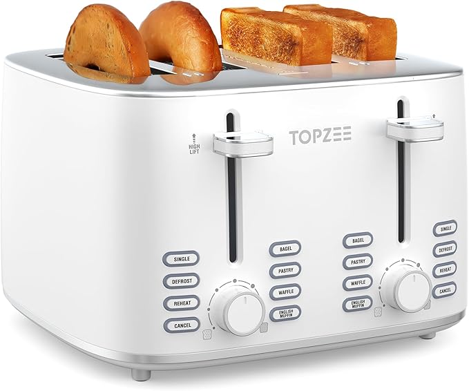 Topzee 4 Slice Toaster with Dual Independent Control 1.5” Wide Slots for Bagel Muffin Waffle Gluten Free Bread 7 Shade Settings Defrost &amp Reheat Stainless Steel Easy Clean White